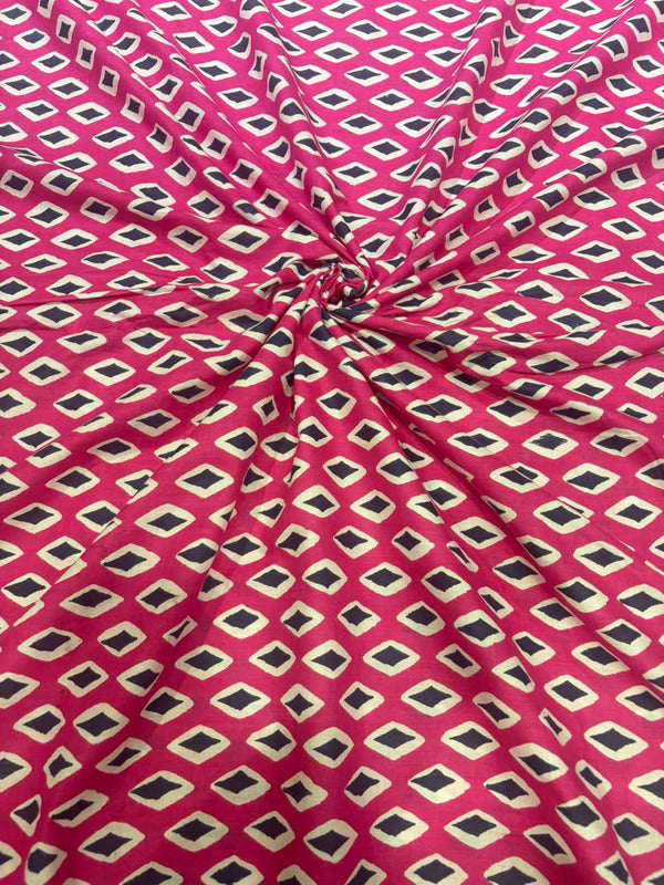 Rani Pink Geometric Diamond Block Printed Cotton Fabric (44 Inches Width)