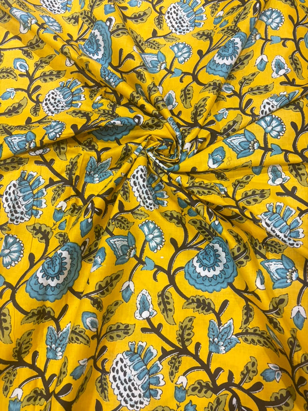 Bright Mustard Yellow Floral Jaal Block Printed Cotton Fabric (44 Inches Width)