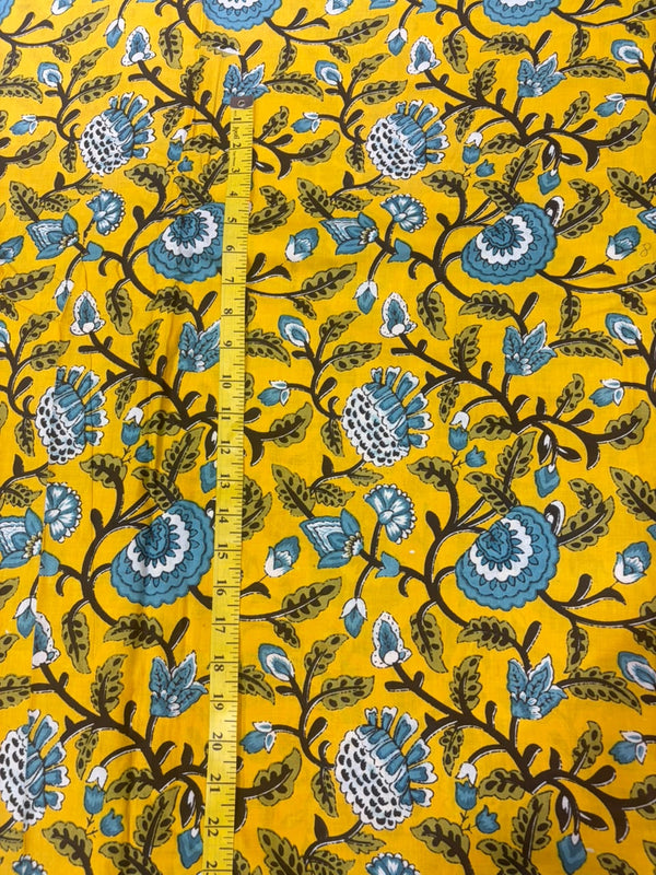 Bright Mustard Yellow Floral Jaal Block Printed Cotton Fabric (44 Inches Width)