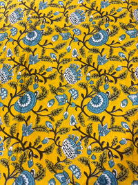 Bright Mustard Yellow Floral Jaal Block Printed Cotton Fabric (44 Inches Width)