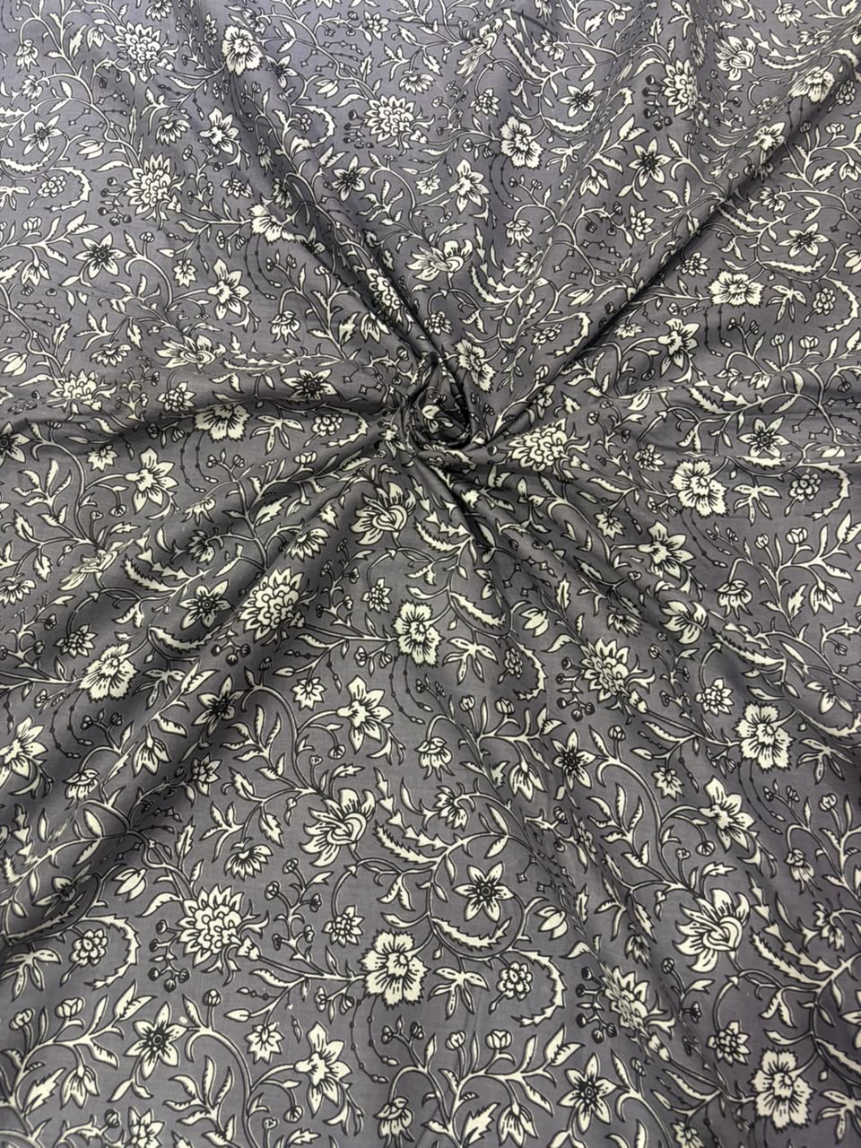 Charcoal Grey Delicate Floral Jaal Printed Cotton Fabric (44 Inches Width)
