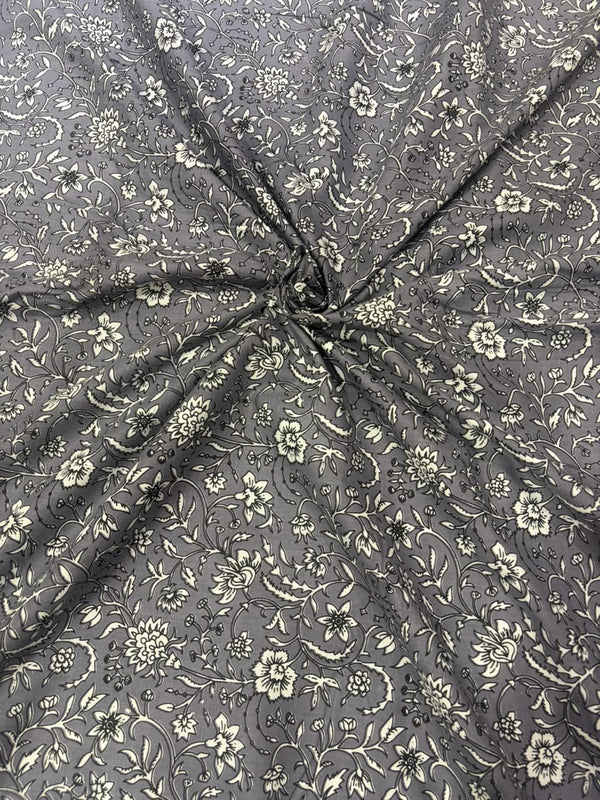 Charcoal Grey Delicate Floral Jaal Printed Cotton Fabric (44 Inches Width)