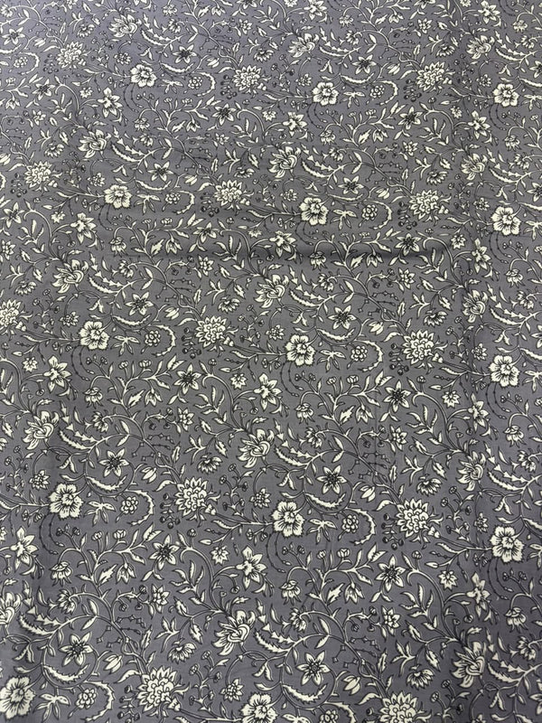 Charcoal Grey Delicate Floral Jaal Printed Cotton Fabric (44 Inches Width)