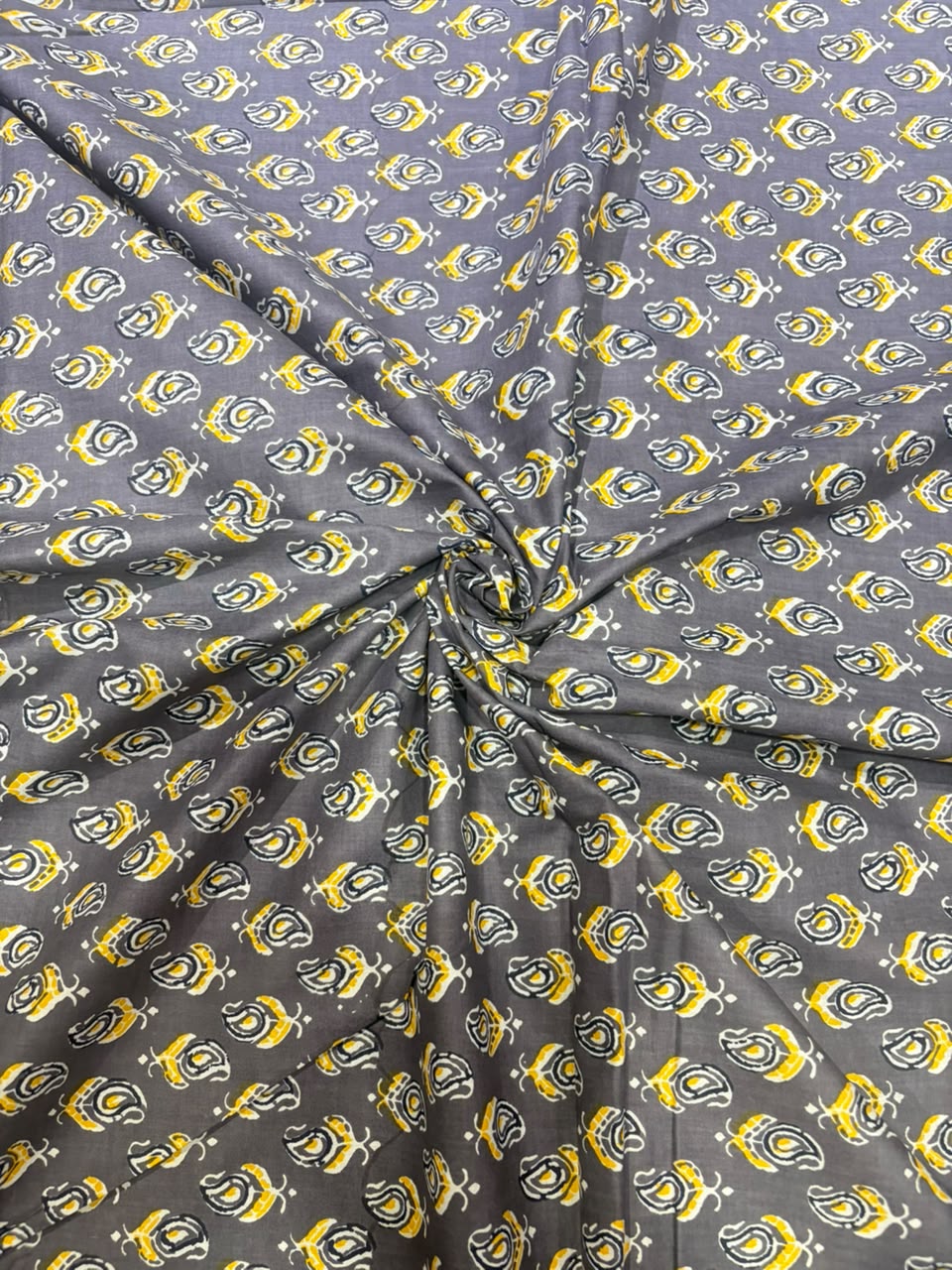 Slate Grey & Mustard Mini Paisley Block Printed Cotton Fabric (44 Inches Width)