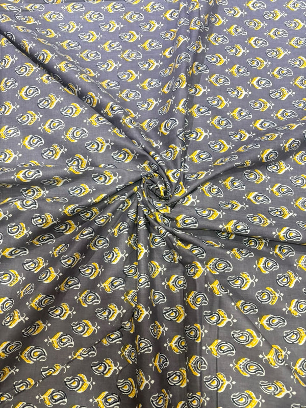 Slate Grey & Mustard Mini Paisley Block Printed Cotton Fabric (44 Inches Width)