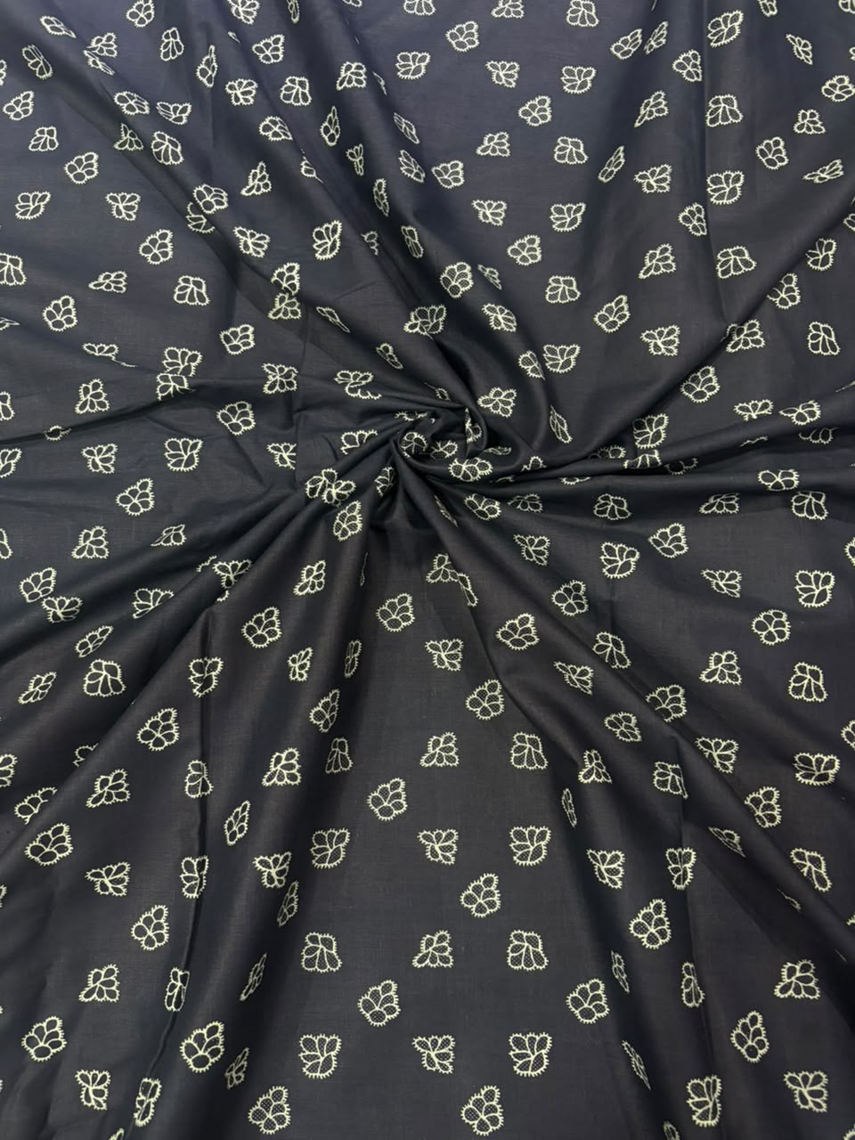 Midnight Black & Cream Petite Floral Motif Printed Cotton Fabric (44 Inches Width)
