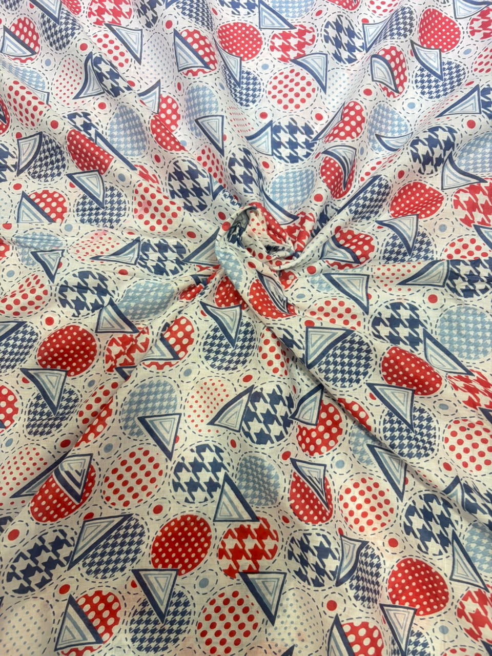 Retro Geometric & Houndstooth Abstract Printed Pure Cotton Fabric (44 Inches Width)