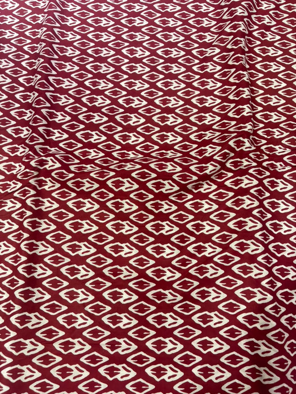 Maroon Red & Ivory Geometric Leaf Block Printed Pure Cotton Fabric (44 Inches Width)