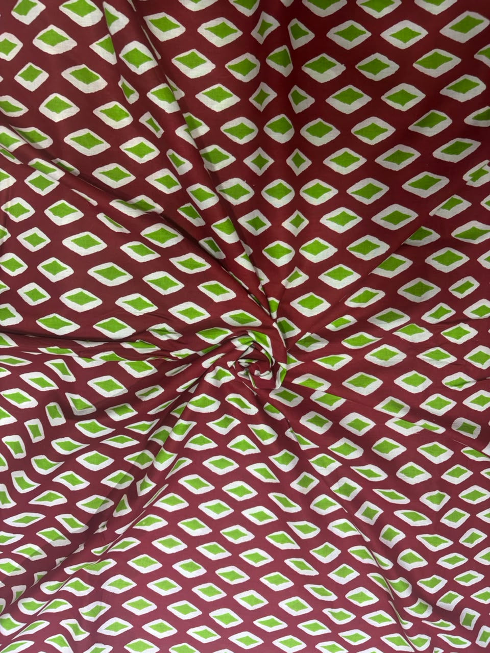 Maroon Red & Lime Green Geometric Diamond Block Printed Pure Cotton Fabric (44 Inches Width)