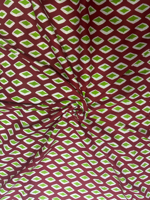 Maroon Red & Lime Green Geometric Diamond Block Printed Pure Cotton Fabric (44 Inches Width)