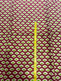 Maroon Red & Lime Green Geometric Diamond Block Printed Pure Cotton Fabric (44 Inches Width)