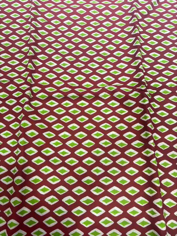 Maroon Red & Lime Green Geometric Diamond Block Printed Pure Cotton Fabric (44 Inches Width)