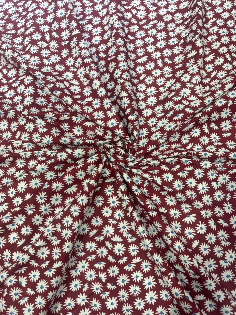 Burgundy Maroon Mini Daisy Floral Printed Pure Cotton Fabric (44 Inches Width)