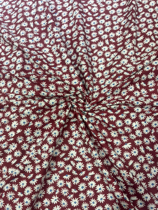 Burgundy Maroon Mini Daisy Floral Printed Pure Cotton Fabric (44 Inches Width)