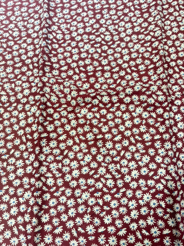 Burgundy Maroon Mini Daisy Floral Printed Pure Cotton Fabric (44 Inches Width)