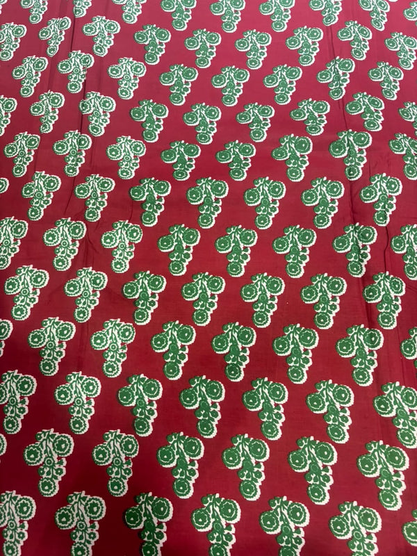 Ruby Red & Emerald Green Artisanal Floral Booti Cotton Fabric (44 Inches Width)
