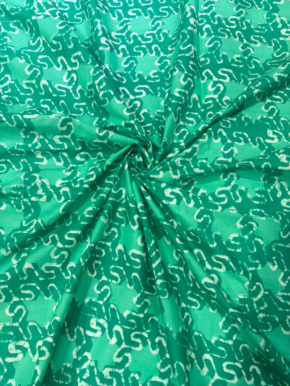 Emerald Green & Seafoam Batik-Inspired Geometric Pure Cotton Fabric (44 Inches Width)