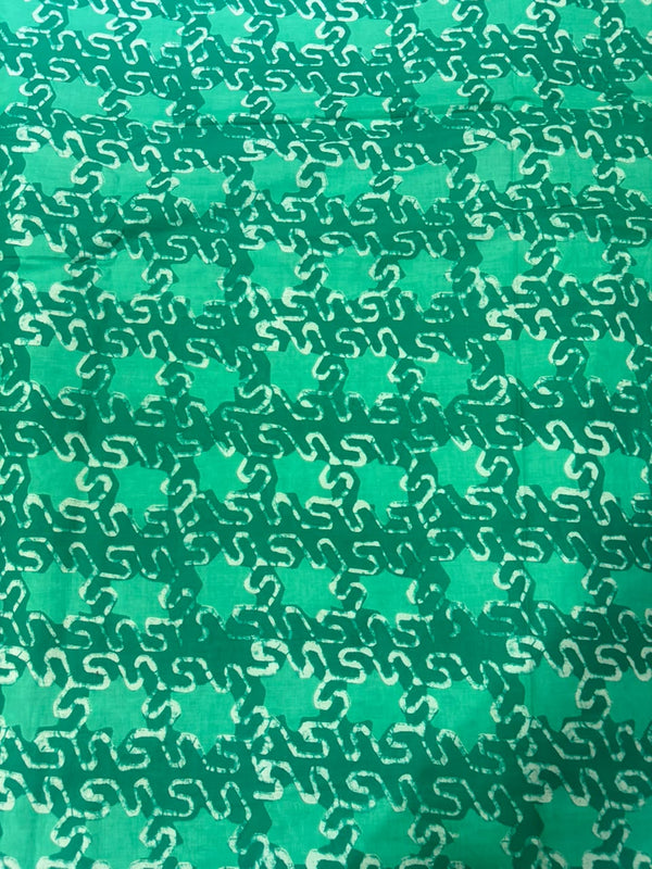 Emerald Green & Seafoam Batik-Inspired Geometric Pure Cotton Fabric (44 Inches Width)