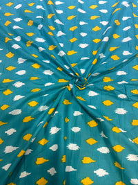 Teal Blue & Bright Yellow Ikat-Style Geometric Pure Cotton Fabric (44 Inches Width)