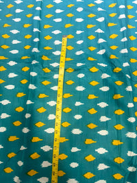 Teal Blue & Bright Yellow Ikat-Style Geometric Pure Cotton Fabric (44 Inches Width)
