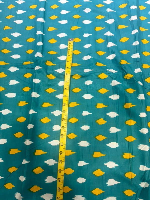 Teal Blue & Bright Yellow Ikat-Style Geometric Pure Cotton Fabric (44 Inches Width)