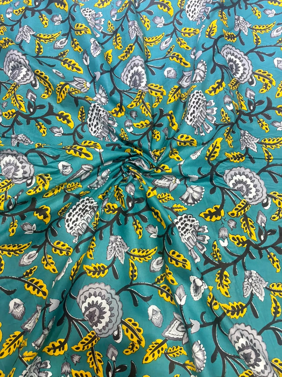 Teal Blue & Mustard Yellow Jaipuri Floral Jaal Pure Cotton Fabric (44 Inches Width)