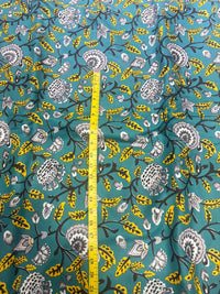 Teal Blue & Mustard Yellow Jaipuri Floral Jaal Pure Cotton Fabric (44 Inches Width)