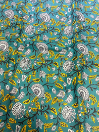 Teal Blue & Mustard Yellow Jaipuri Floral Jaal Pure Cotton Fabric (44 Inches Width)