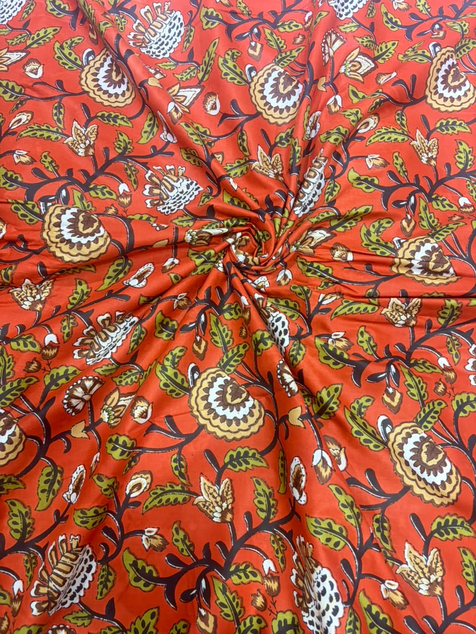 Rust Orange & Olive Green Kalamkari Floral Jaal Pure Cotton Fabric (44 Inches Width)