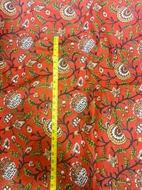 Rust Orange & Olive Green Kalamkari Floral Jaal Pure Cotton Fabric (44 Inches Width)