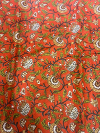 Rust Orange & Olive Green Kalamkari Floral Jaal Pure Cotton Fabric (44 Inches Width)