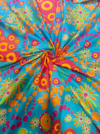 Vibrant Turquoise & Hot Pink Retro 70s Psychedelic Floral Pure Cotton Fabric (44 Inches Width)