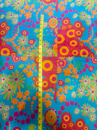 Vibrant Turquoise & Hot Pink Retro 70s Psychedelic Floral Pure Cotton Fabric (44 Inches Width)