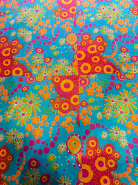 Vibrant Turquoise & Hot Pink Retro 70s Psychedelic Floral Pure Cotton Fabric (44 Inches Width)