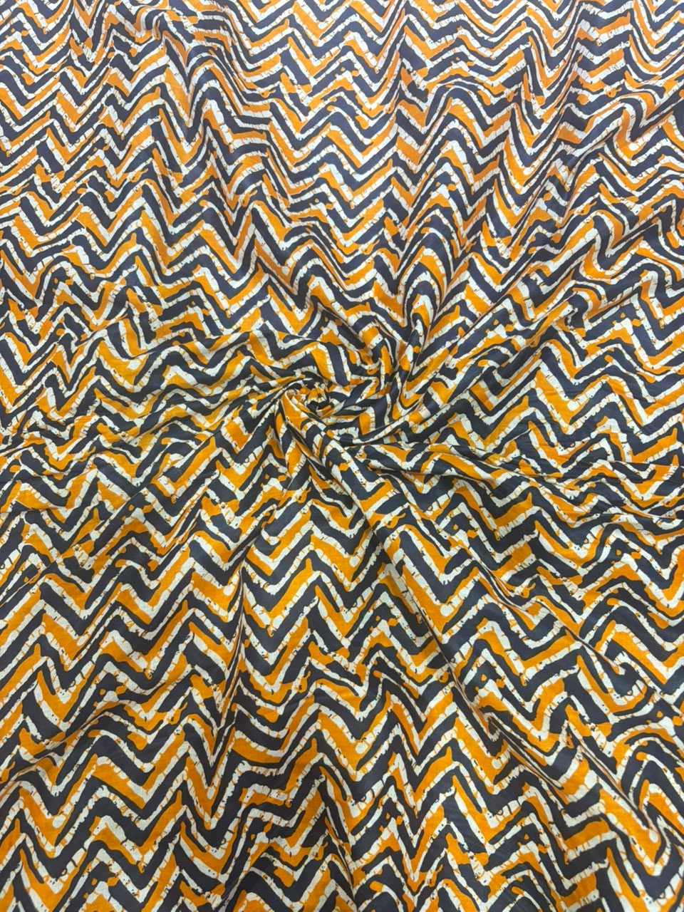 Charcoal Grey & Mustard Yellow Chevron Zig-Zag Batik Printed Pure Cotton Fabric (44 Inches Width)