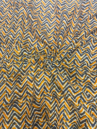 Charcoal Grey & Mustard Yellow Chevron Zig-Zag Batik Printed Pure Cotton Fabric (44 Inches Width)