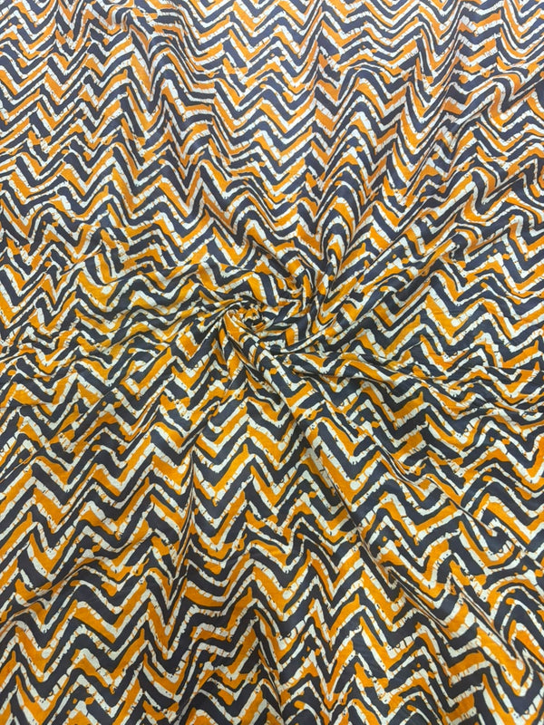 Charcoal Grey & Mustard Yellow Chevron Zig-Zag Batik Printed Pure Cotton Fabric (44 Inches Width)