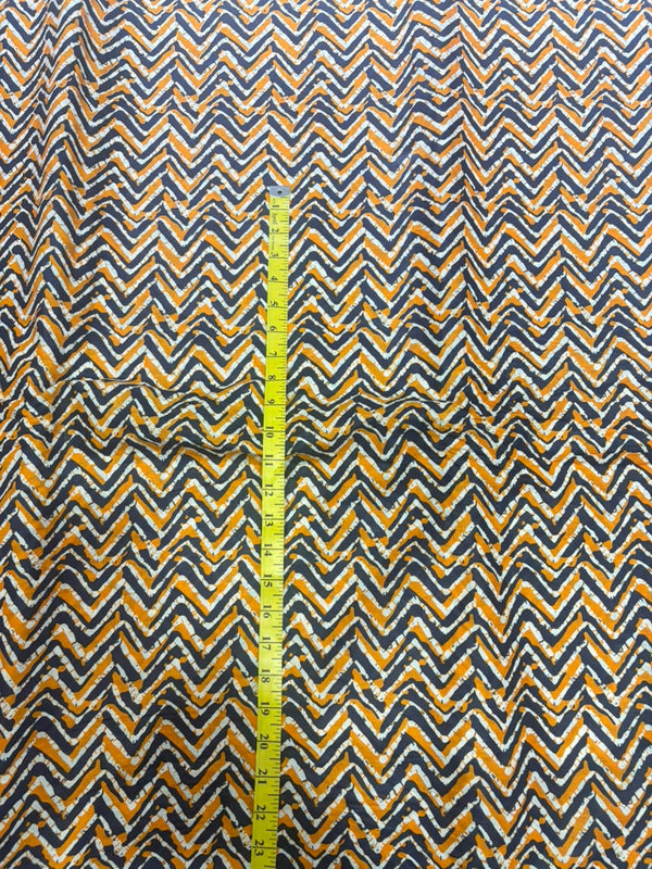 Charcoal Grey & Mustard Yellow Chevron Zig-Zag Batik Printed Pure Cotton Fabric (44 Inches Width)