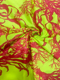 Vibrant Lime Green & Coral Pink Botanical Coral Branch Pure Cotton Fabric (44 Inches Width)