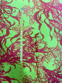 Vibrant Lime Green & Coral Pink Botanical Coral Branch Pure Cotton Fabric (44 Inches Width)