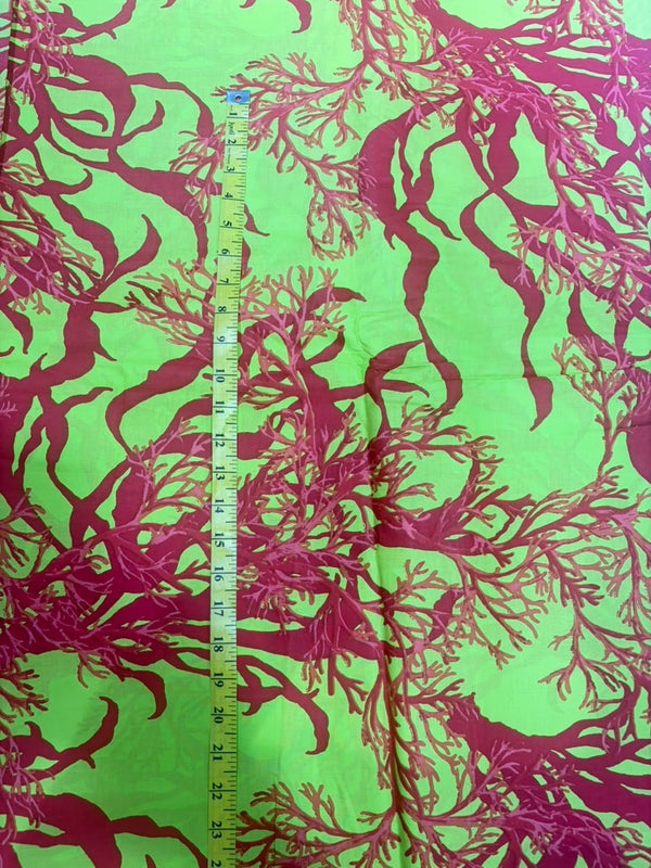 Vibrant Lime Green & Coral Pink Botanical Coral Branch Pure Cotton Fabric (44 Inches Width)