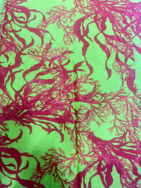 Vibrant Lime Green & Coral Pink Botanical Coral Branch Pure Cotton Fabric (44 Inches Width)