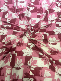 Plum Maroon & Soft Pink Block Geometric Maple Leaf Pure Cotton Fabric (44 Inches Width)