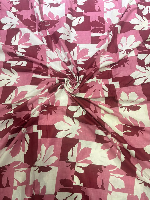 Plum Maroon & Soft Pink Block Geometric Maple Leaf Pure Cotton Fabric (44 Inches Width)