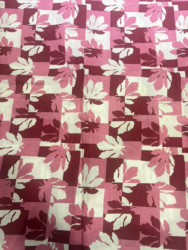 Plum Maroon & Soft Pink Block Geometric Maple Leaf Pure Cotton Fabric (44 Inches Width)