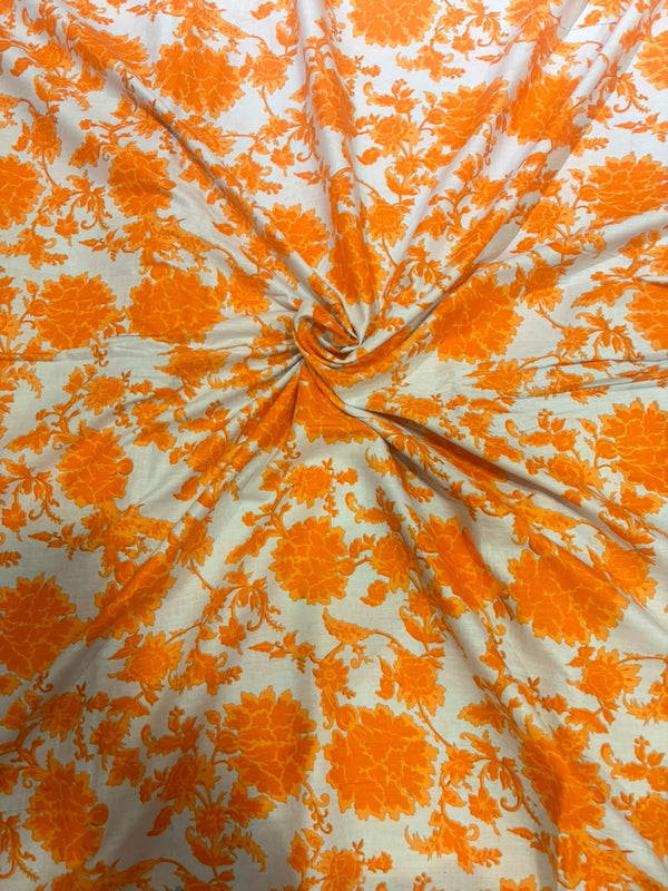Vibrant Tangerine Orange & White Floral Jaal Pure Cotton Fabric (44 Inches Width)