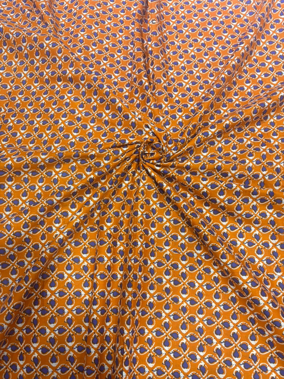 Mustard Orange & Indigo Blue Artisanal Teardrop Booti Pure Cotton Fabric (44 Inches Width)