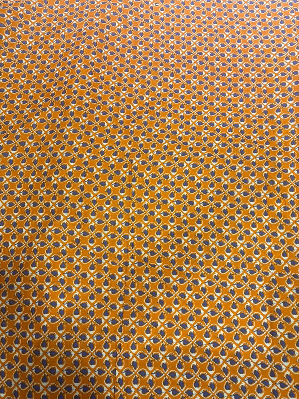 Mustard Orange & Indigo Blue Artisanal Teardrop Booti Pure Cotton Fabric (44 Inches Width)