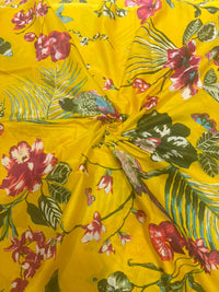 Bright Sunflower Yellow Tropical Flora & Parakeet Pure Cotton Fabric (44 Inches Width)