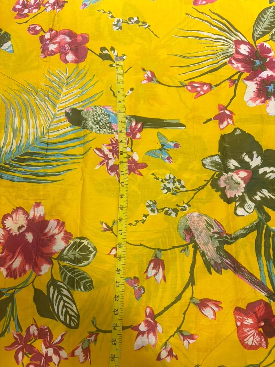 Bright Sunflower Yellow Tropical Flora & Parakeet Pure Cotton Fabric (44 Inches Width)